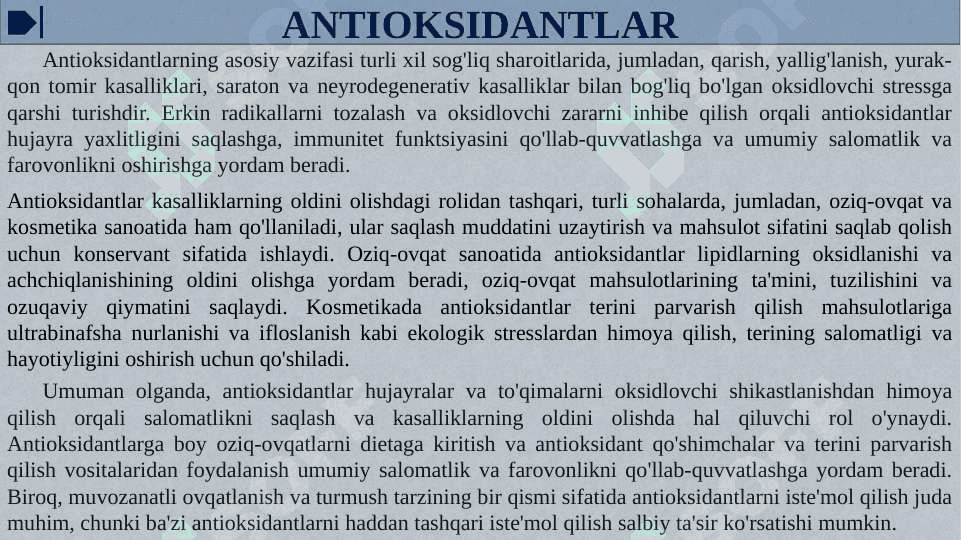 Antioksidantlar. Ularning klinikada qo'llanilishi 5