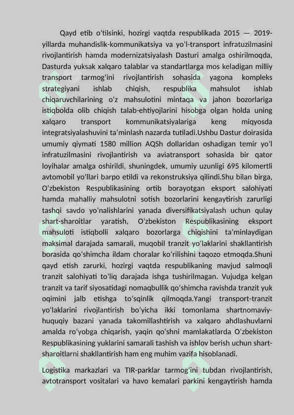 Transport infratuzilmasini tartibga solishning                           huquqiy asoslari. 2