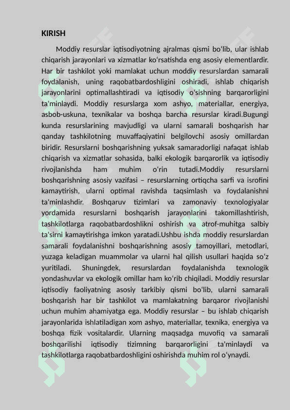 Moddiy resuslardan foydalanishni                   boshqarish masalalari. 2