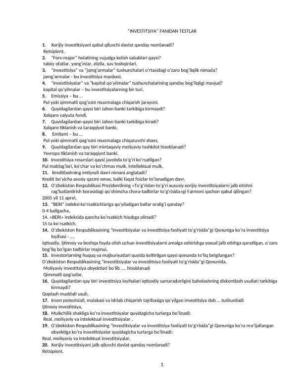 “INVESTITSIYA” FANIDAN TESTLAR
