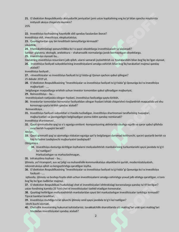 “INVESTITSIYA” FANIDAN TESTLAR 2