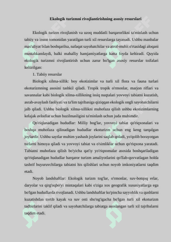 Mintaqalarda ekologik turizmni rivojlantirish resurslari va ulardan foydalanish yo‘llari 5