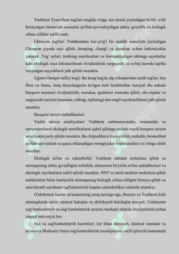 Toshkent turistik mintaqasi imkoniyatlari 8