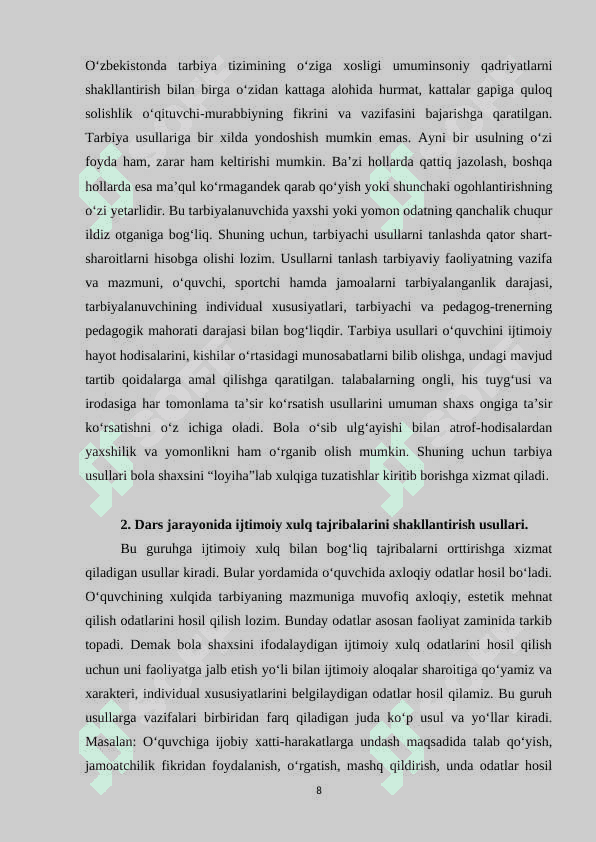 Jismoniy tarbiya darslarida o’quvchilarda xulq -atvor irodaviylik sifatlari shakllantirish 8