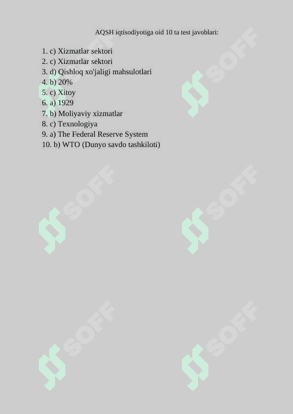 AQSH iqtisodiyotiga oid 10 ta test 2