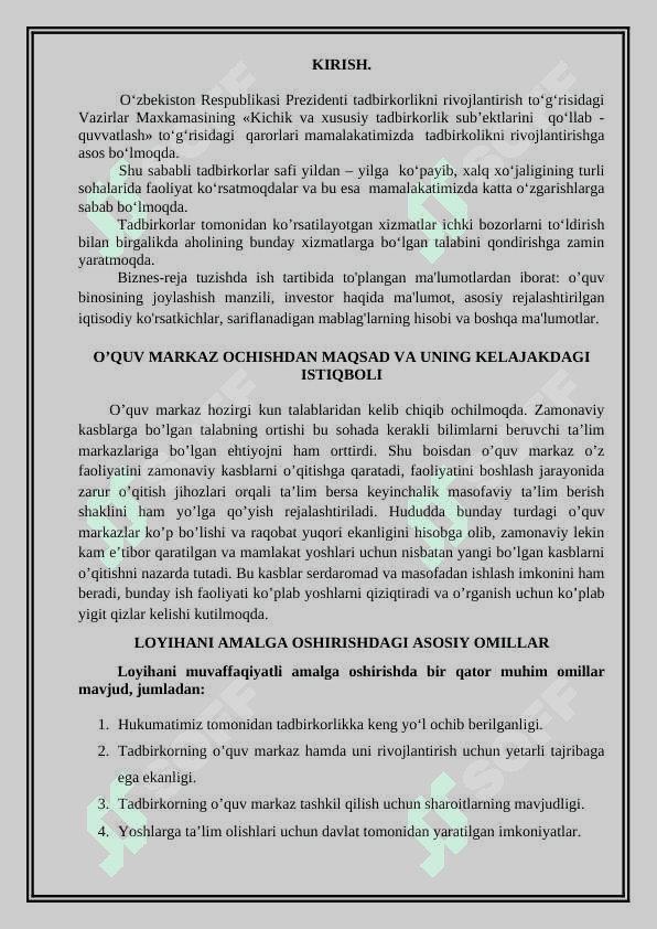 O’QUV MARKAZ ochish bo'yicha biznes reja 2