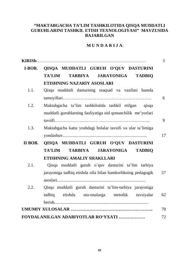 MAKTABGACHA TA’LIM TASHKILОTIDA QISQA MUDDATLI GURUHLARINI TASHKIL ЕTISH TЕXNОLОGIYASI