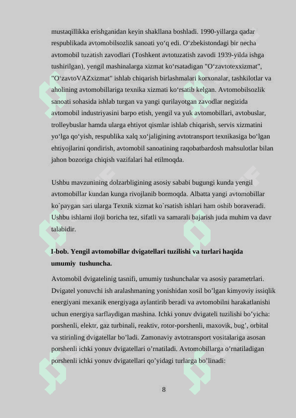 Yengil avtomobillar dvigateliga texnik xizmat koʻrsatish texnologiyasini takomillashtirish 8