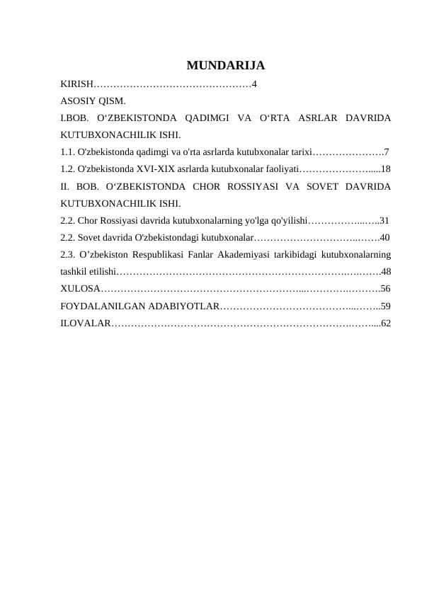 II. BOB. OʻZBEKISTONDA CHOR ROSSIYASI VA SOVET DAVRIDA KUTUBXONACHILIK ISHI.