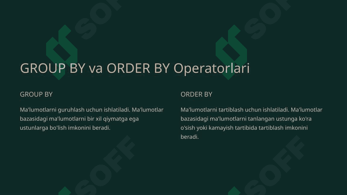 MYSQL DA GROUP BY, ORDER BY VA HAVING DAN FOYDALANIB SO'ROVLAR YARATISH. 4