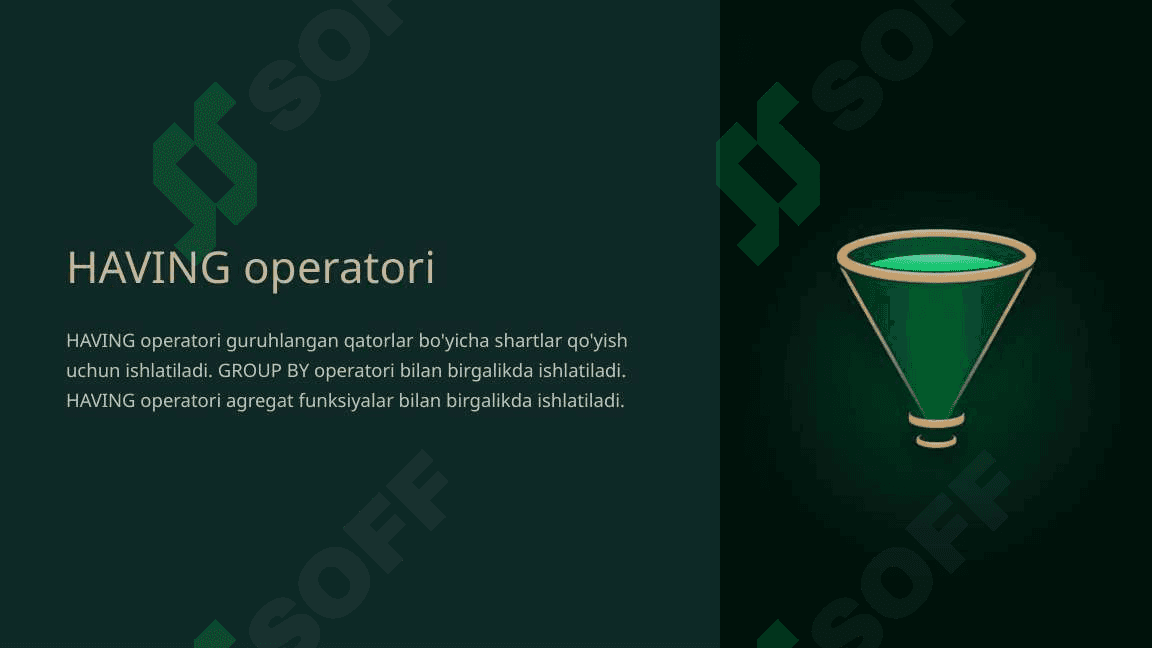 MYSQL DA GROUP BY, ORDER BY VA HAVING DAN FOYDALANIB SO'ROVLAR YARATISH. 7