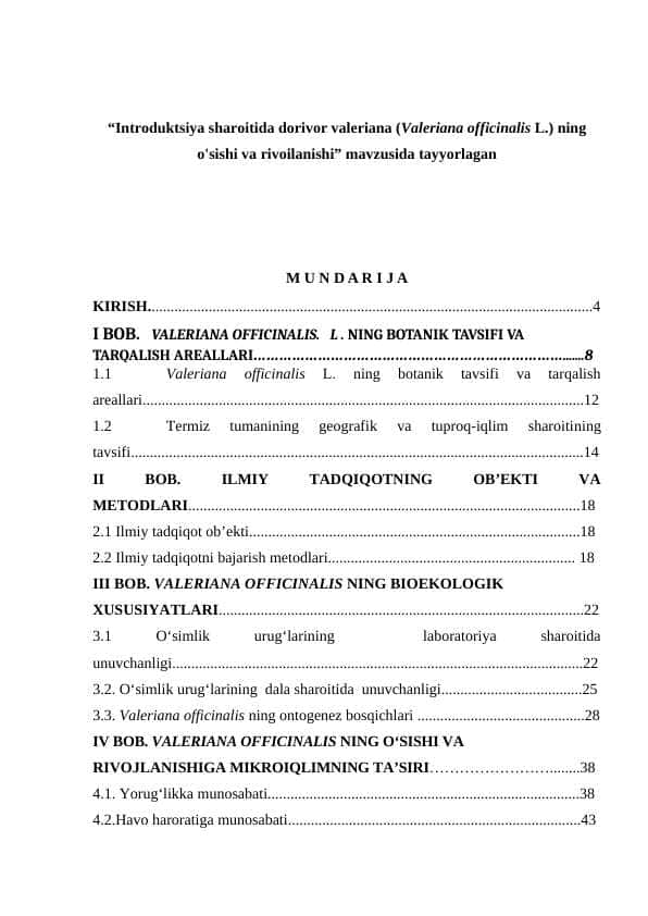 Introduktsiya sharoitida dorivor valeriana (Valeriana officinalis L.) ning o'sishi va rivoilanishi”