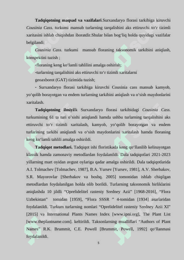 “SURXONDARYO VILOYATI FLORASIDA COUSINIA CASS. (ASTERACEAE) TURKUMI (TAKSONOMIK TARKIBI, TOʼR TIZIMLI XARITASI)” 5