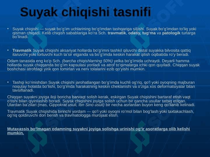 Tayanch harakat apparati sinishlari va chiqishlarini tashxislash. Birinchi tibbiy yordam. Transportli immobilizatsiya. Gips texnikasi. Skelet va leykoplastirli tana tortmasi 6