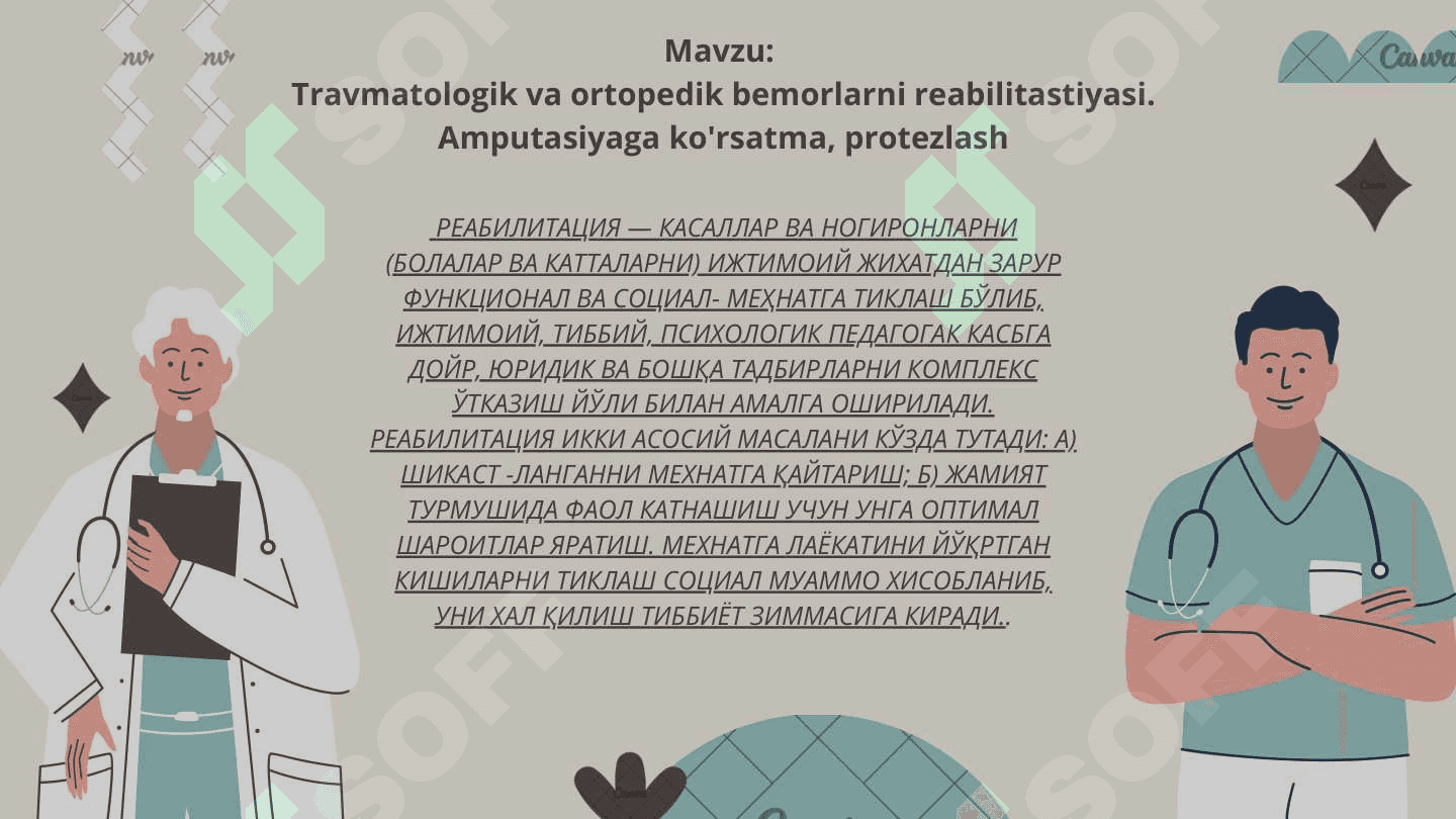 Travmatologik va ortopedik bemorlarni reabilitastiyasi. Amputasiyaga ko'rsatma, protezlash 2