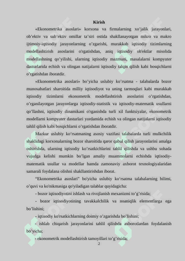 EKONOMETRIKA ASOSLARI, uslubiy 2