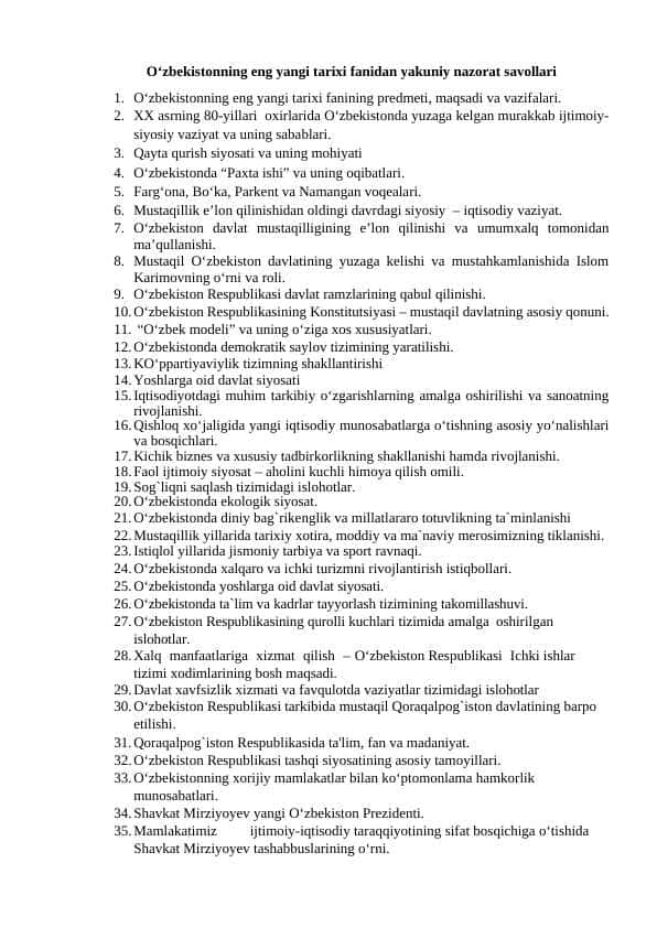 O‘zbekistonning eng yangi tarixi fanidan yakuniy nazorat savollari