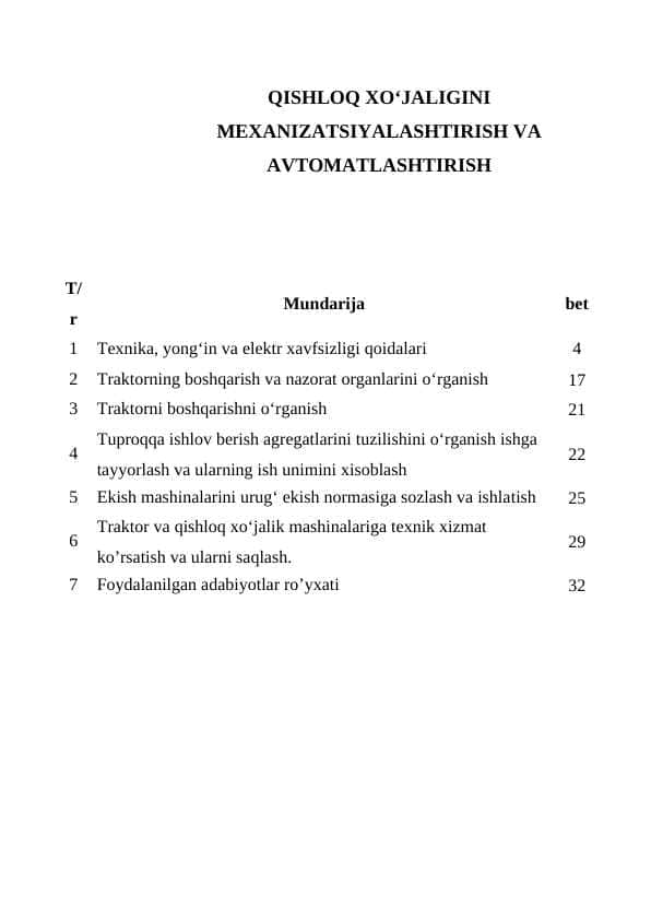 QISHLOQ XO‘JALIGINI MEXANIZATSIYALASHTIRISH VA AVTOMATLASHTIRISH