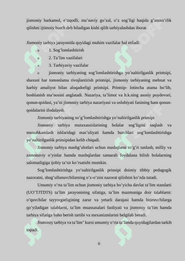 Jismoniy tarbiya darsi, jismoniy tarbiyalashning asosiy shakli. 8