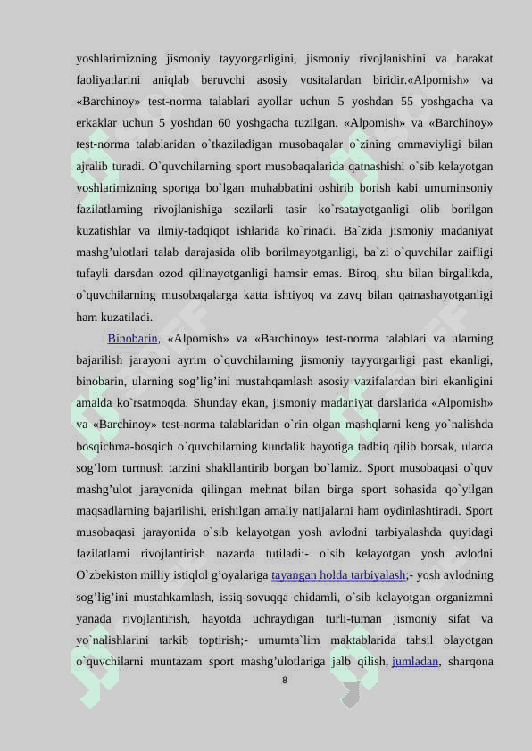 JISMONIY TARBIYA DARSLARIDA MASHQLARGA O`RGATISH USLUBIYATI. 8