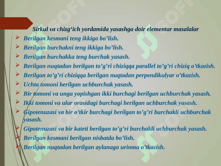 Yasash aksiomalari. Yasashga doir eng sodda masalalar. Sirkul va chizg’ich yordamida yasashga doir elementar masalalar. Yasashga doir masalalarni yechish bosqichlari. 6