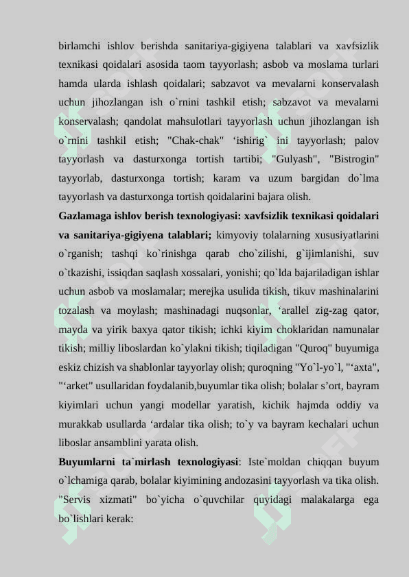 Texnologiya va dizayn yonalishi bo‘yicha o‘quvchilar egallashlari lozim bo‘lgan bilim, ko‘nikma va malakalar 8