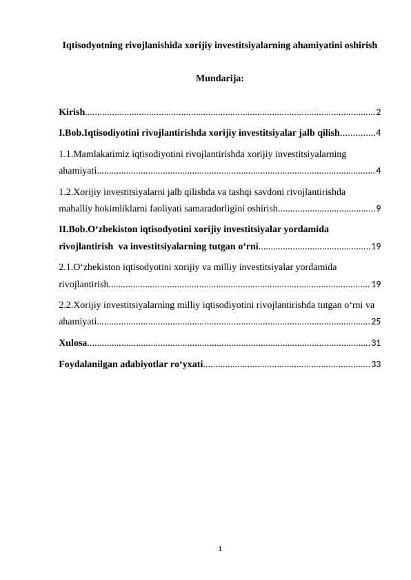 Iqtisodyotning rivojlanishida xorijiy investitsiyalarning ahamiyatini oshirish