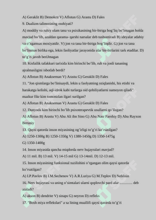 Umumiy psixologiya fanidan testlar to'plami 1 2