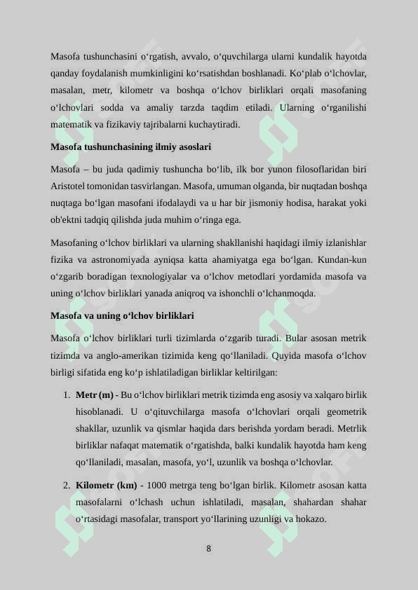 Vaqt, masofa, tezlik haqida tasavvurlarni tarkib toptirish va ularning o‘lchov birliklari 8
