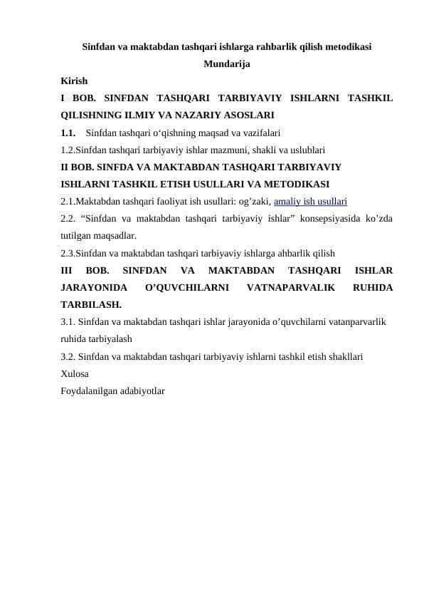 Sinfdan va maktabdan tashqari ishlarga rahbarlik qilish metodikasi