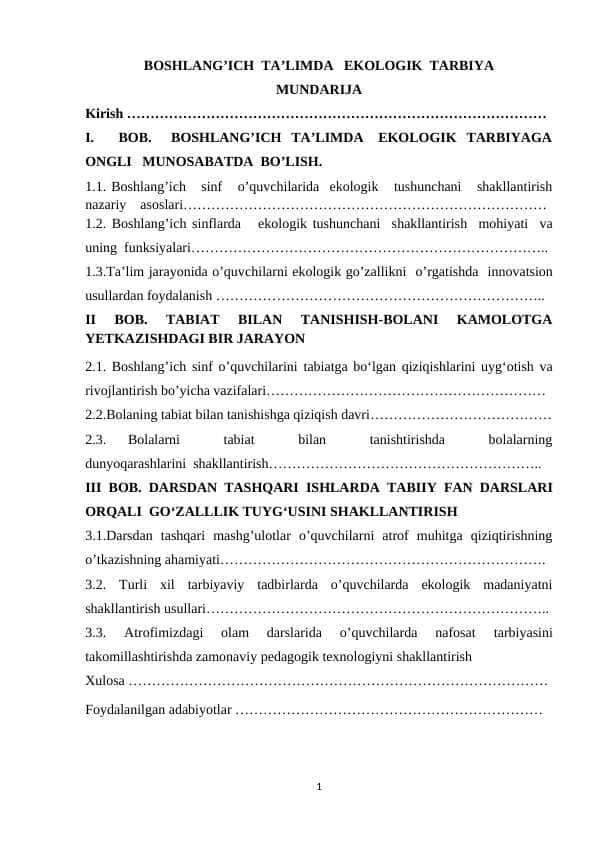BOSHLANG’ICH  TA’LIMDA   EKOLOGIK  TARBIYA