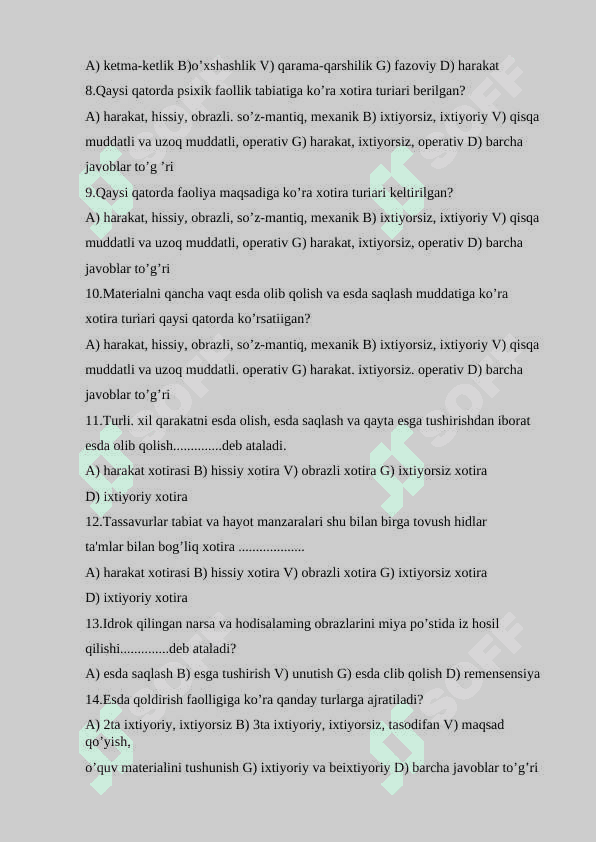 Umumiy psixologiya fanidan testlar to'plami 4 2