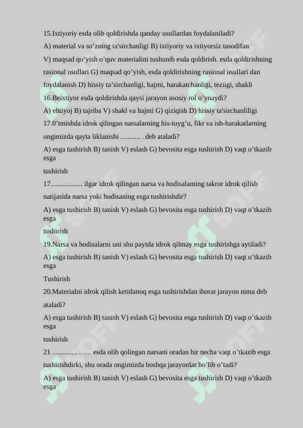Umumiy psixologiya fanidan testlar to'plami 4 3