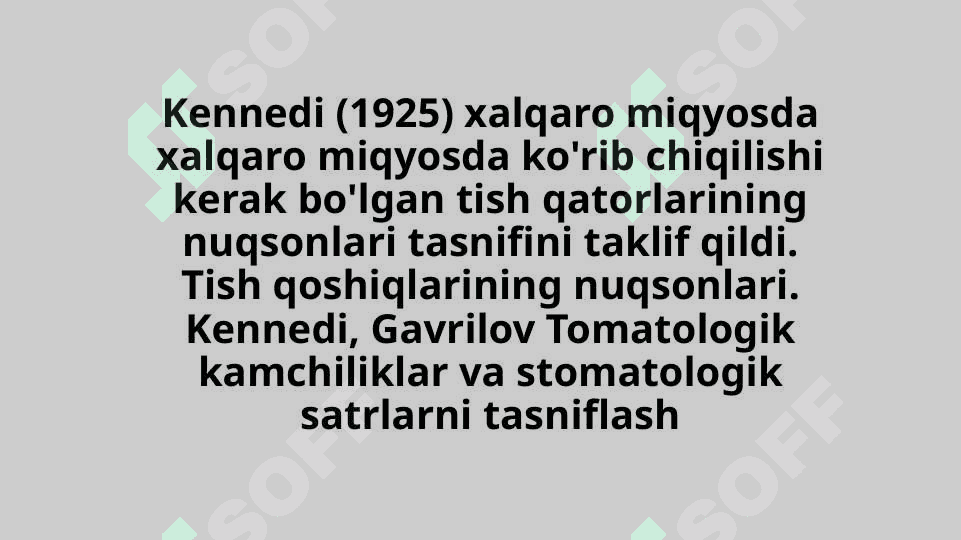 TISH NUQSONLARINING XALQARO TASNIFI , BO’SHLIQLAR JOYLASHGAN JOYNING HARF BILAN BELGILASH . BLEK BO’YICHA BO’SHLIQLAR TASNIFI . MELIKOVICHGA KO’RA IROPZ 2