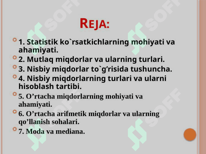 Tasviriy statistika ko‘rsatkichlari. O‘rtacha miqdorlar. Statistikada variatsiyani baholash usullari va dispersion tahlil asoslari 2