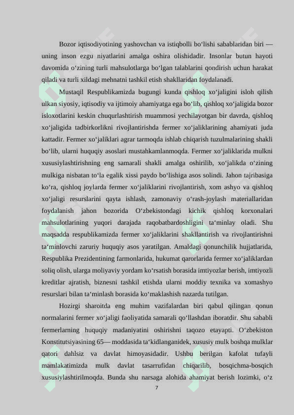 1.	Fermer xo’jaliklarining iqtisodiyotda  tutgan o’rni va xo’jalik  faoliyatini boshqarishning tashkiliy-tarkibiy yo’nalishlari 7