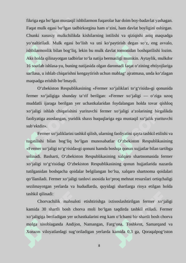 1.	Fermer xo’jaliklarining iqtisodiyotda  tutgan o’rni va xo’jalik  faoliyatini boshqarishning tashkiliy-tarkibiy yo’nalishlari 8