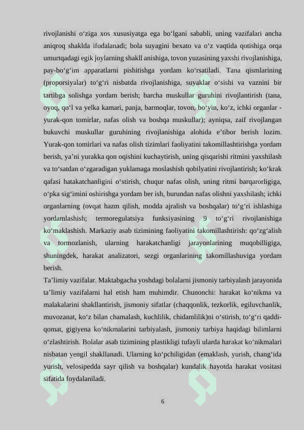 Bolaning har tomonlama shakllantirishi va rivojlanishida jismoniy tarbiyaning oʻrni. 6