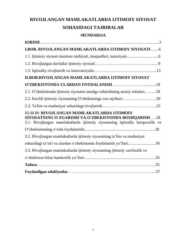 RIVOJLANGAN MAMLAKATLARDA IJTIMOIY SIYOSAT SOHASIDAGI TAJRIBALAR