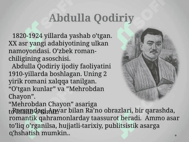 Abdulla Qodiriyning Mehrobdan Chayon asari mavzusida taqdimot 2