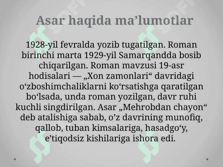 Abdulla Qodiriyning Mehrobdan Chayon asari mavzusida taqdimot 3
