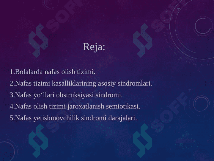 Bolalarda nafas olish tizimi va jaroxatlanish semiotikasi. Nafas olish kasalliklarining asosiy sindromlari. Nafas organlarining obstruksiya sindromi. Nafas yetishmovchilik sindromi darajalari. 2