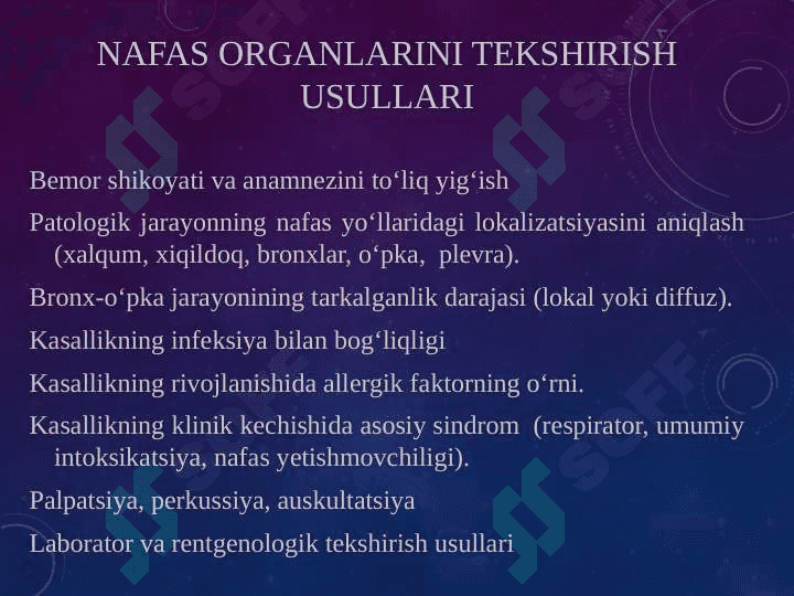 Bolalarda nafas olish tizimi va jaroxatlanish semiotikasi. Nafas olish kasalliklarining asosiy sindromlari. Nafas organlarining obstruksiya sindromi. Nafas yetishmovchilik sindromi darajalari. 8