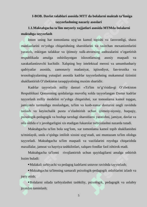 Davlat talablari asosida MTT da bolalarni 5