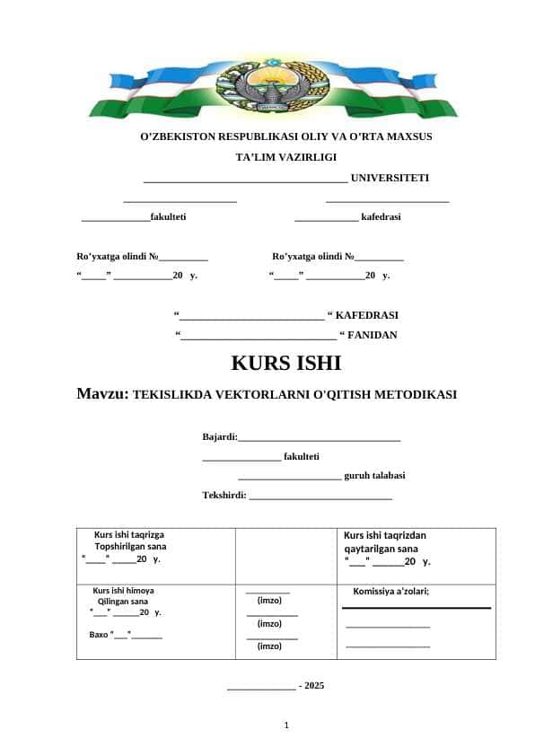 TEKISLIKDA VEKTORLARNI O'QITISH METODIKASI