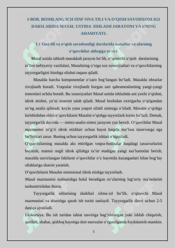 BOSHLANG'ICH SINF ONA TILI VA O‘QISH SAVODXONLIGI DARSLARIDA O'QIVCHILARNI MASAL TAHLIL QILISHGA O'RGATISH 5
