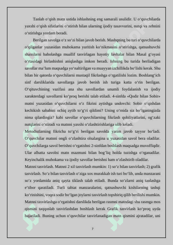 BOSHLANG'ICH SINF ONA TILI VA O‘QISH SAVODXONLIGI DARSLARIDA O'QIVCHILARNI MASAL TAHLIL QILISHGA O'RGATISH 7
