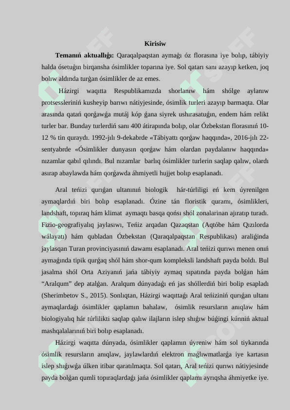 Ósimliklerdiń jasaw ortalıǵına biyimlesiwi. 2