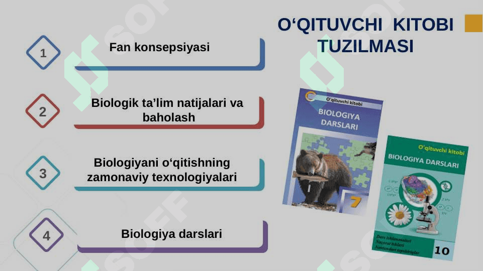 BIOLOGIYANI O‘QITISHDA O‘QITUVCHI  KITOBINING MAZMUNI VA UNDAN AMALIYOTDA FOYDALANISH 3