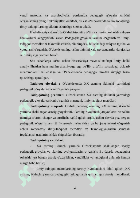 XX ASRNING IKKINCHI YARMIDA O‘ZBEKISTONDAGI PEDAGOGIK G‘OYALAR TARIXINI O‘RGANISHDA ILMIY-TADQIQOT METODLARIDAN FOYDALANISH 4